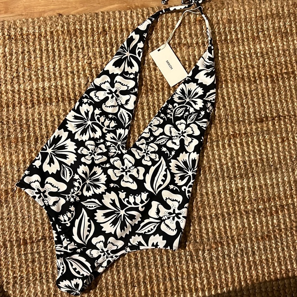 MIKOH Hinano Low V Cut Halter One Piece in Luau Night  NWT